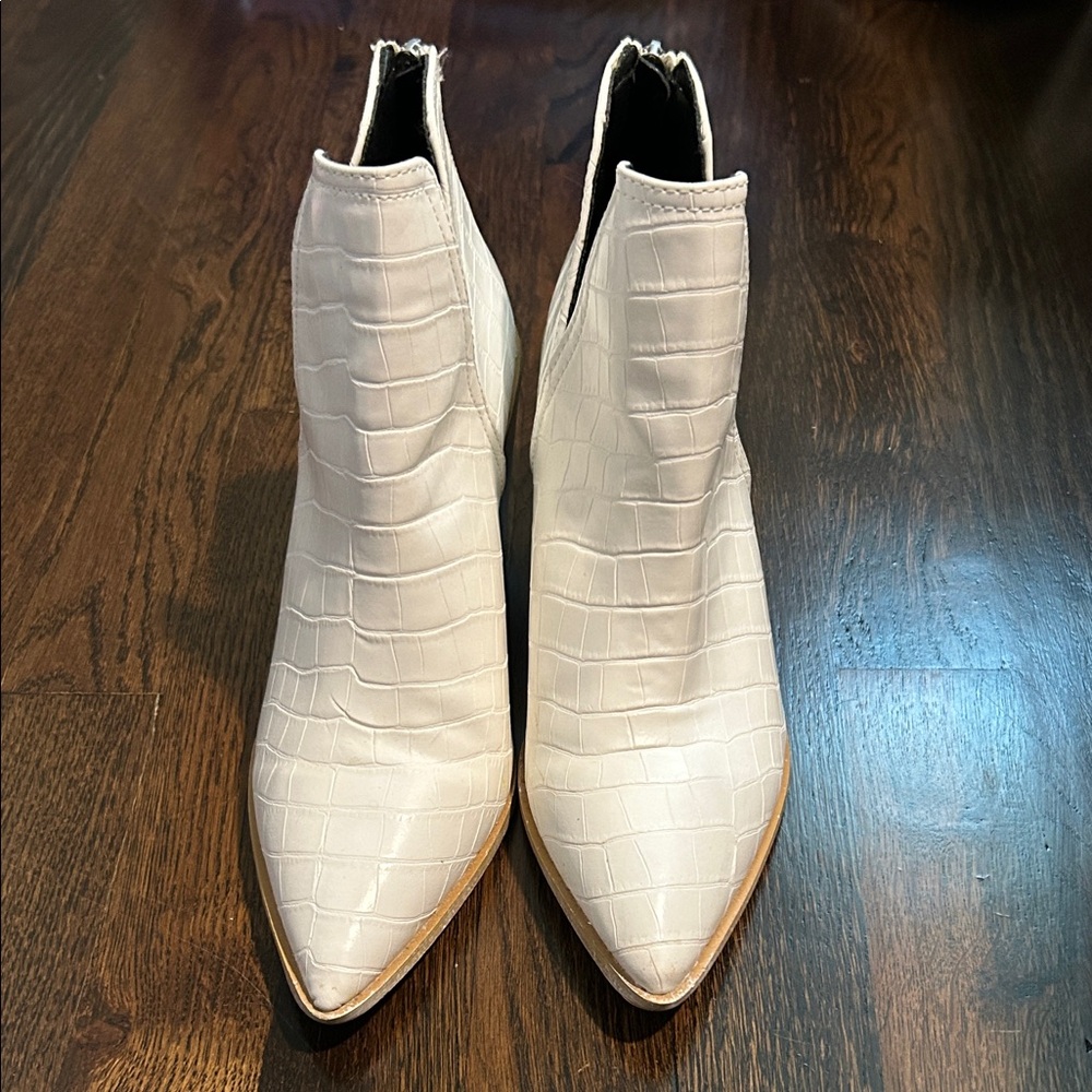 Stylish Cream Croc-Embossed Ankle Booties